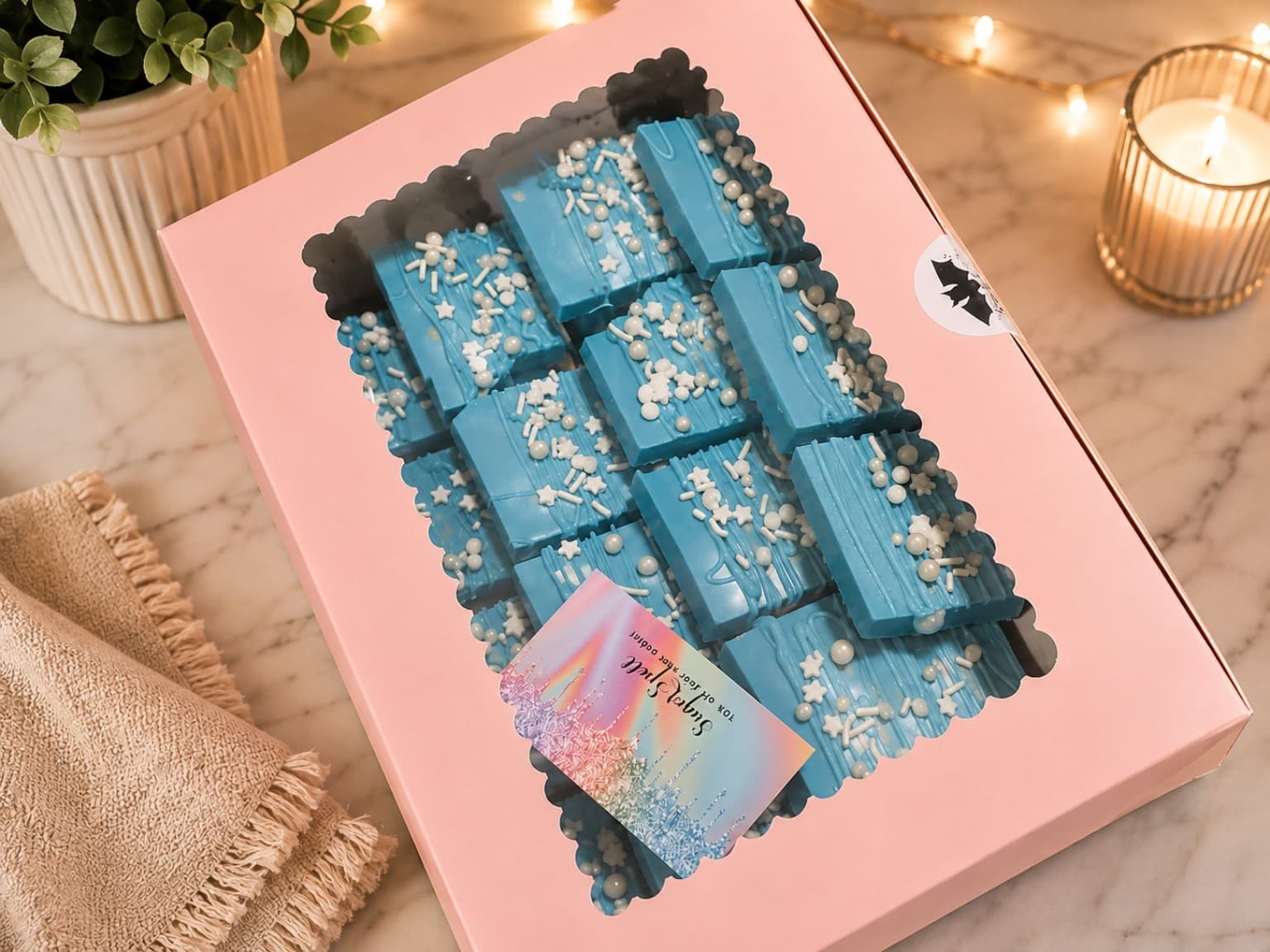 Blue decorated Rice Krispie treats in a gift box