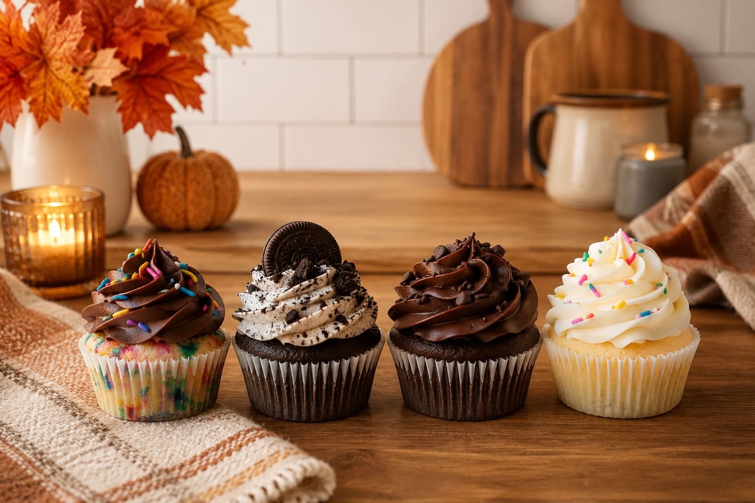 A collection of four cupcake flavors displayed in a warm autumn kitchen