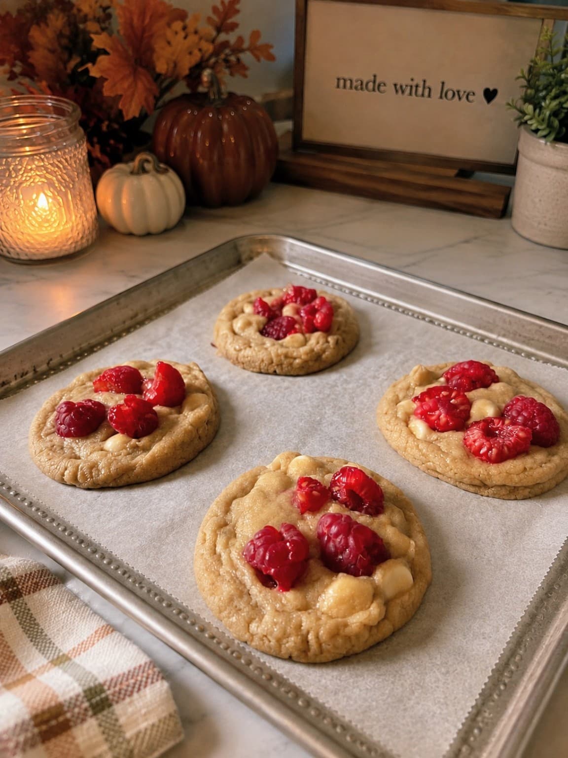 Raspberry cookies on a baking tray in a warm autumn kitchen