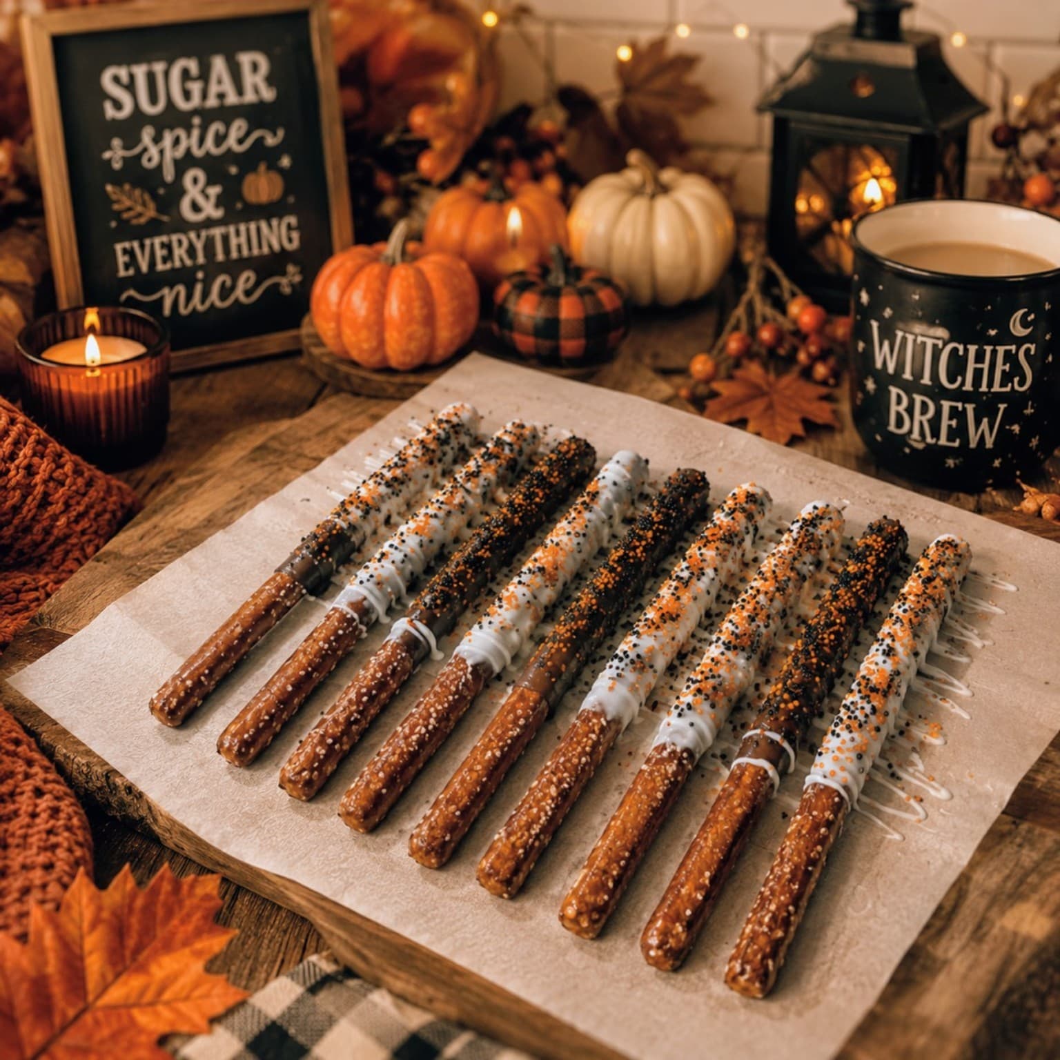 Halloween-themed dipped pretzel sticks