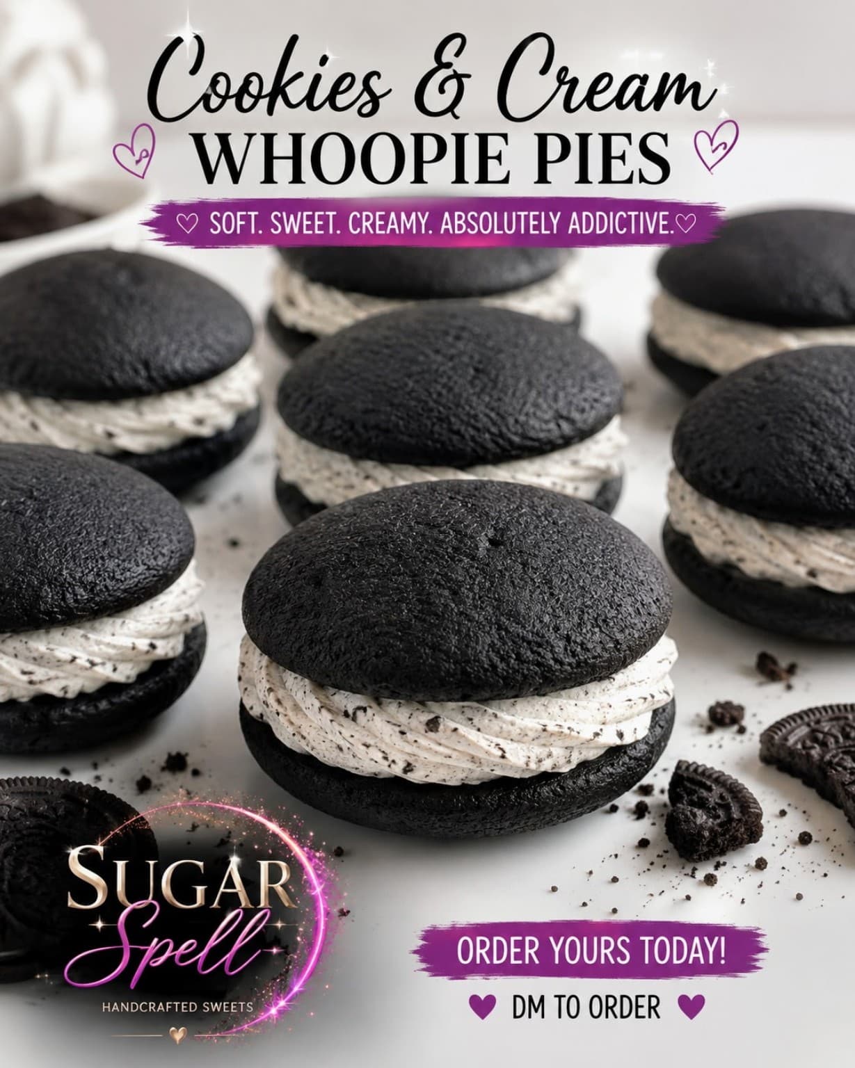 Cookies and cream whoopie pies made with dark cake-like cookies and cream filling