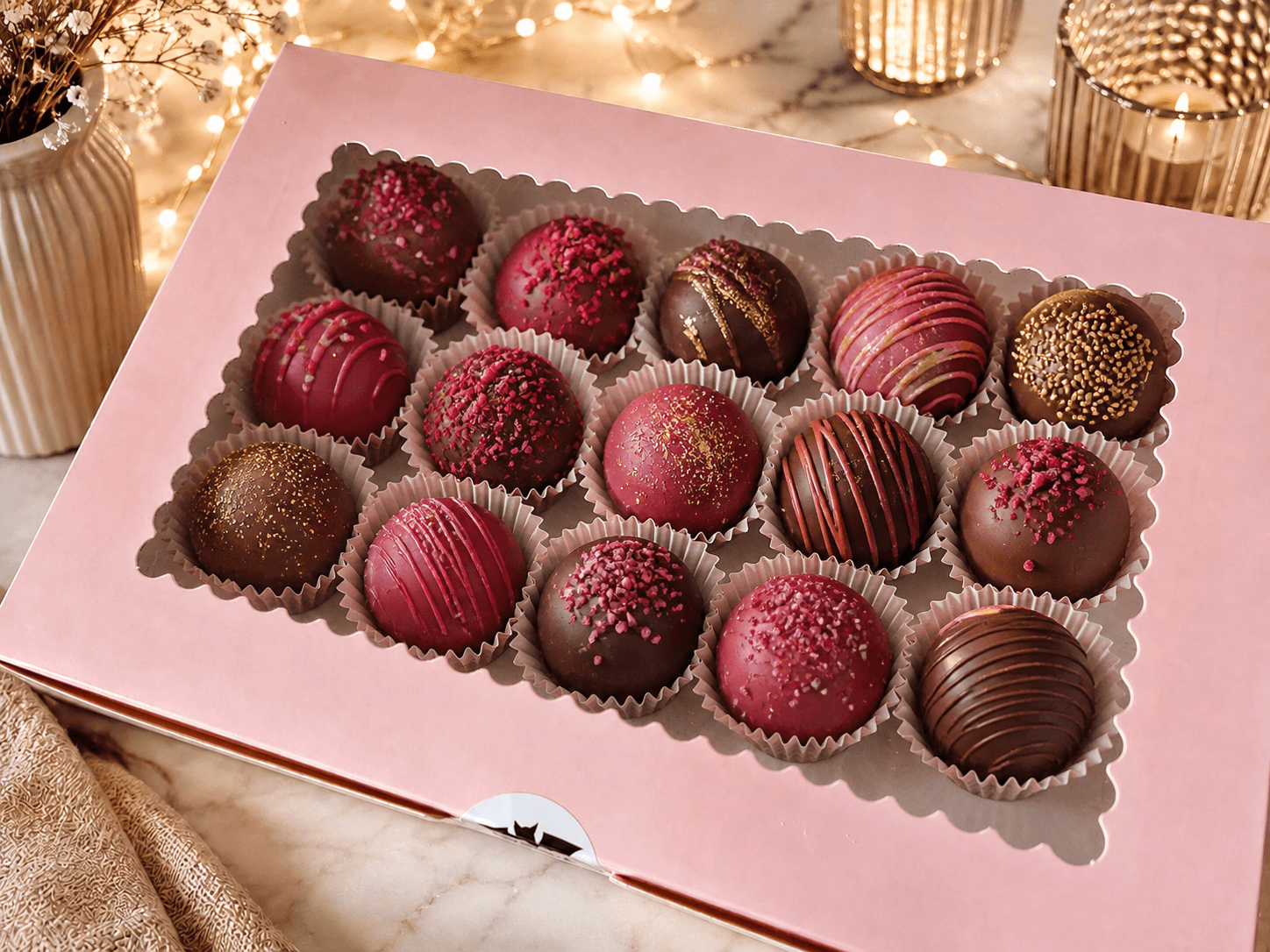 Stick-free raspberry, magenta, and chocolate cake balls arranged in paper cups inside a pink gift box