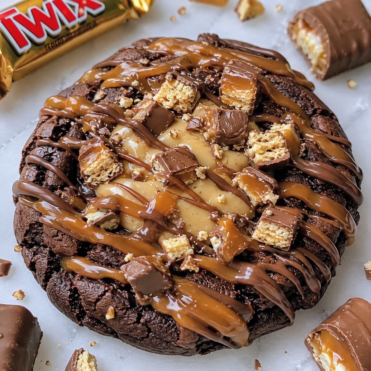 Chocolate loaded cookie topped with caramel, chocolate drizzle, creamy filling and chopped Twix candy pieces.