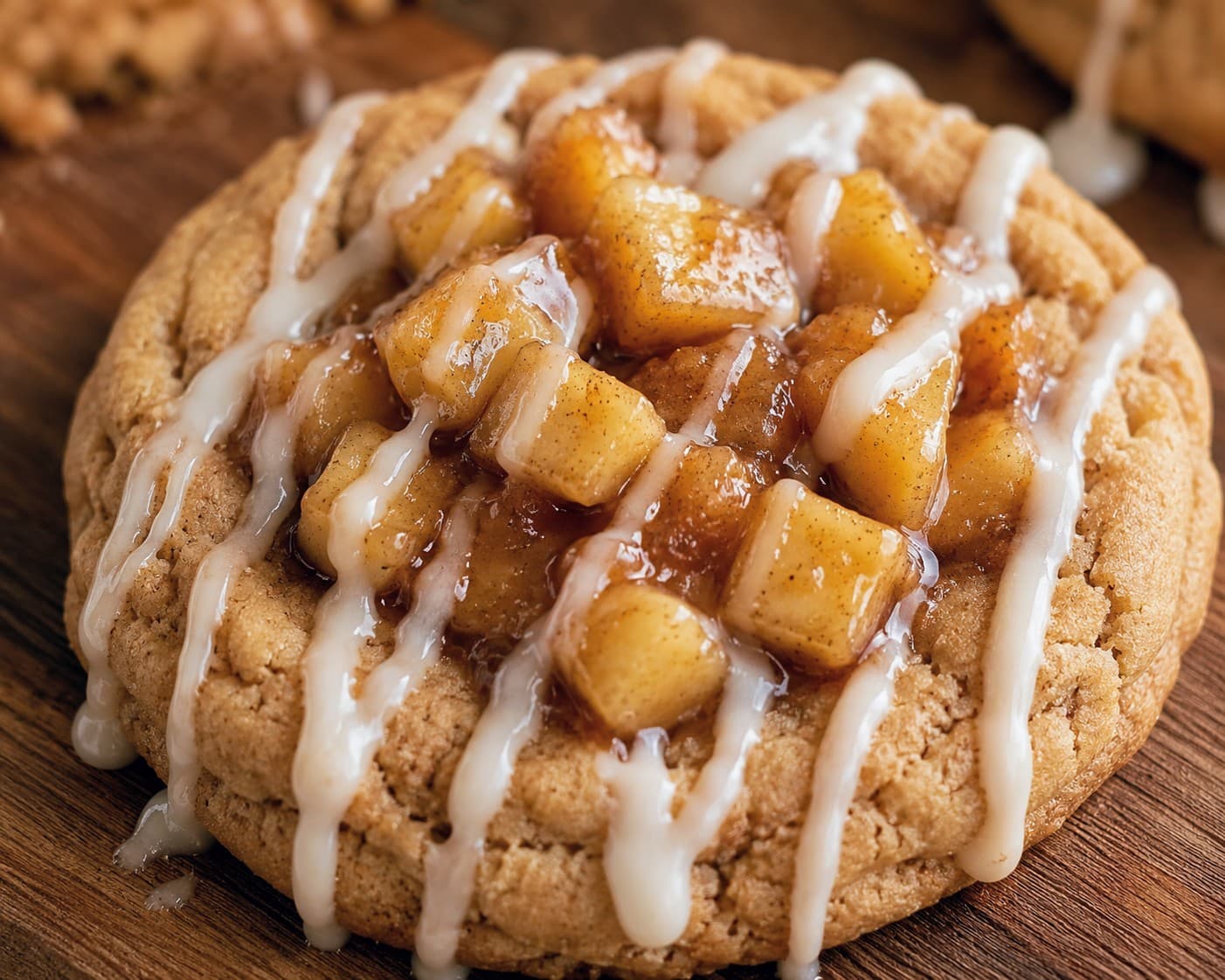 Loaded snickerdoodle cookie topped with cinnamon apple pie filling and vanilla glaze.
